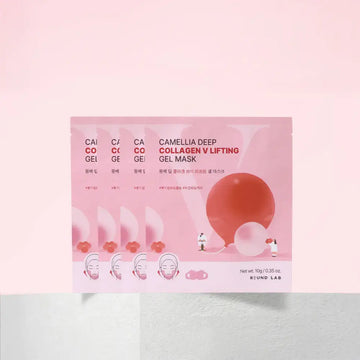 Pack of Camellia Deep Collagen V Lifting Gel Mask on a light pink background