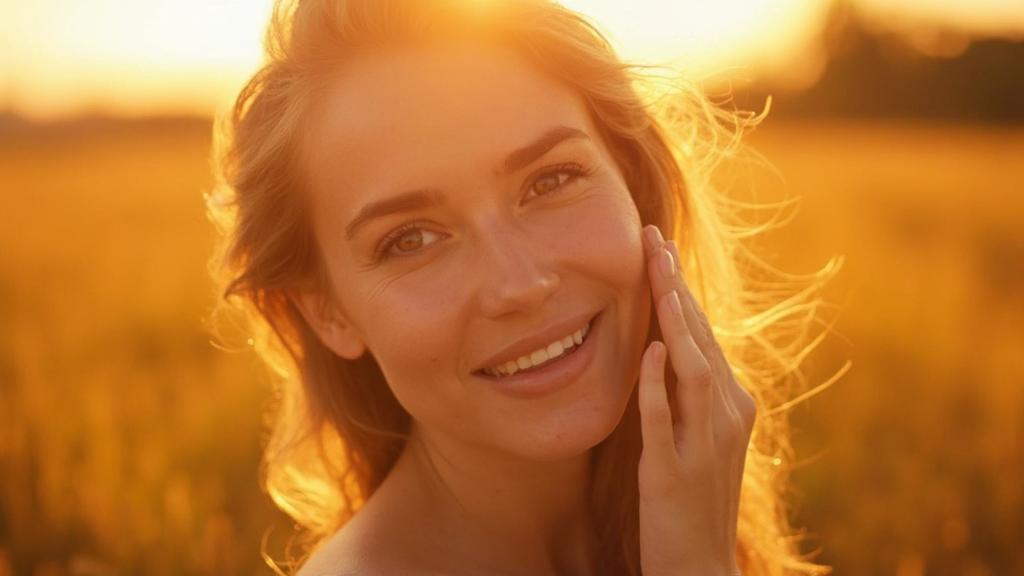 Smiling woman touching her face in a sunlit field at sunset