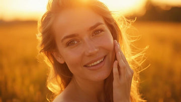 Smiling woman touching her face in a sunlit field at sunset