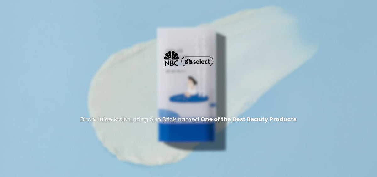 Front view of Birch Juice Moisturizing Sun Stick named one of the best beauty products with NBC Select badge on blue background