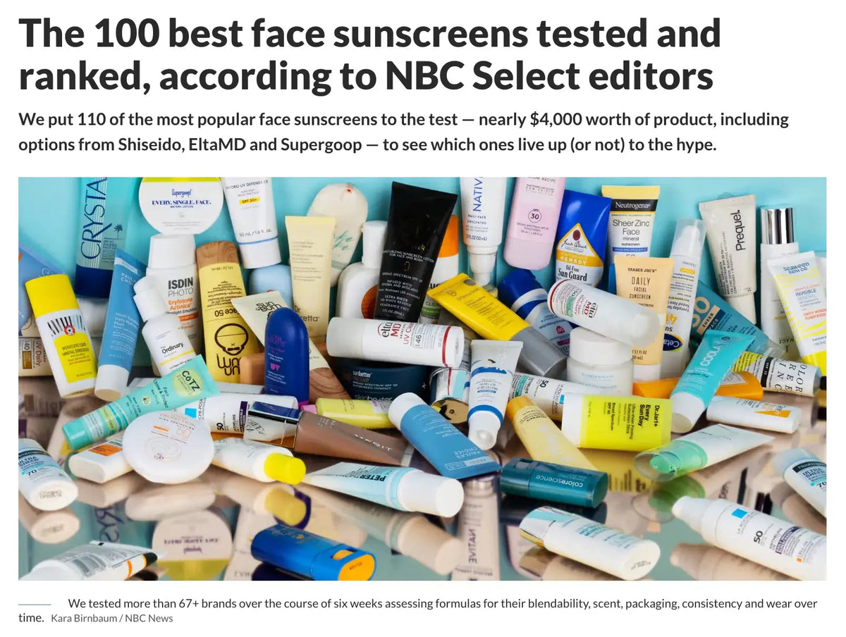 Article screenshot showing NBC Select ranked 100 face sunscreens after testing 110 products