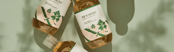Top view of amber mugwort calming toner bottles with botanical labels on a sage green background