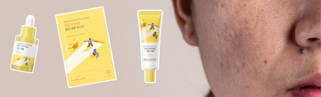 Round Lab dark spot skincare products displayed beside a close-up of facial skin with dark spots