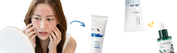 Woman examining textured skin in a mirror beside skincare products on a white background