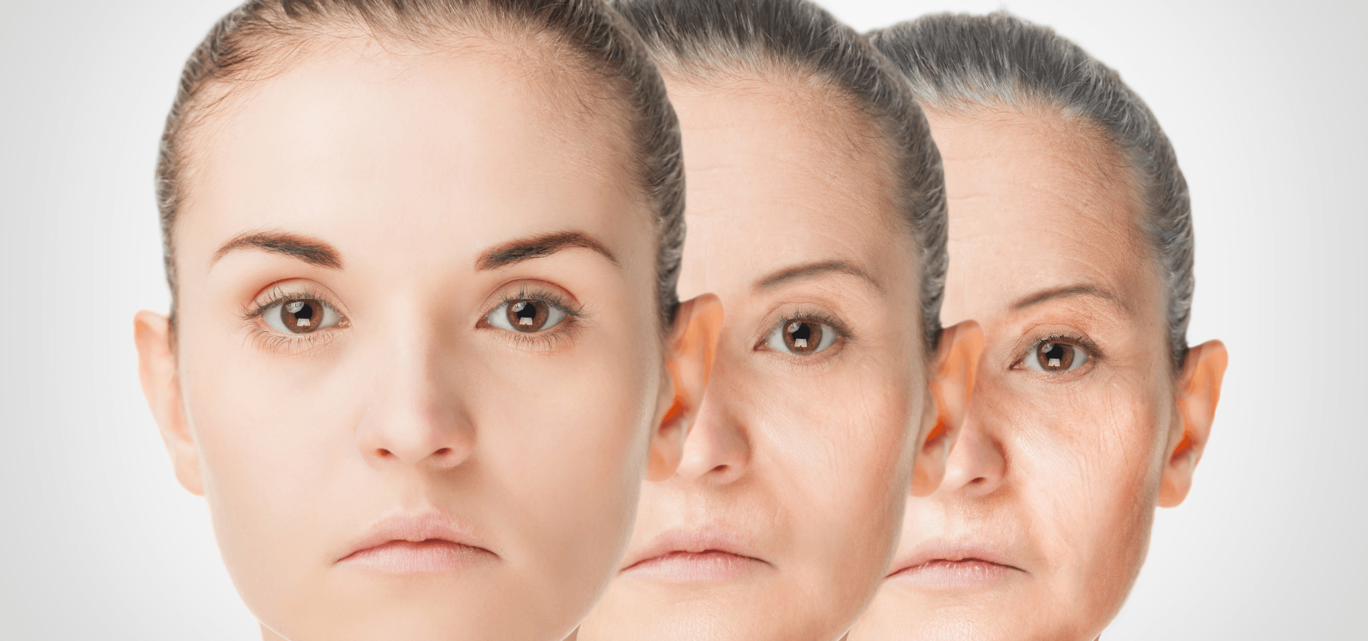 A woman's face shown at three life stages to illustrate skincare and anti-aging concepts