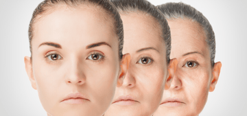 A woman's face shown at three life stages to illustrate skincare and anti-aging concepts