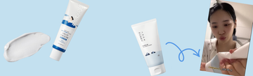 Korean skincare products, sunscreen, cleanser, cream texture, woman applying cleanser