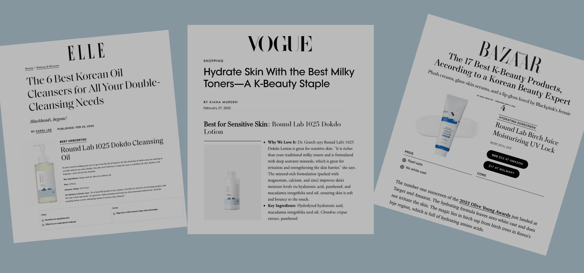 Magazine excerpts featuring Korean skincare products, including cleansing oil, lotion, and sunscreen.