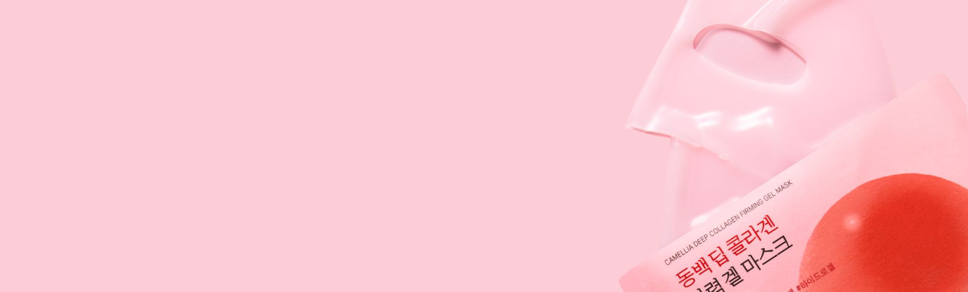 Pink camellia deep collagen firming gel mask on pastel background, Korean skincare product