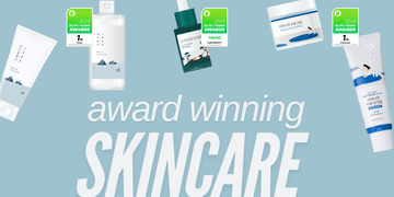 Award-winning Korean skincare products with Olive Young 2024 awards on a blue background.
