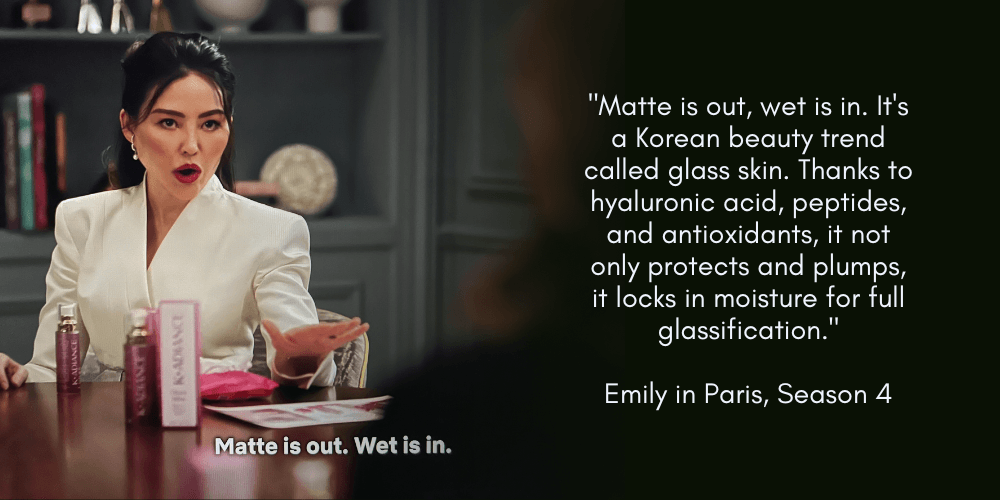 Woman in a white blazer discussing a K-beauty glass skin product with hyaluronic acid and peptides, text overlay emphasizes skincare trend.