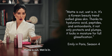 Woman in a white blazer discussing a K-beauty glass skin product with hyaluronic acid and peptides, text overlay emphasizes skincare trend.