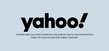 Yahoo! logo with quote recommending Round Lab 1025 Dokdo Cleanser on a light blue background.