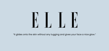 ELLE review quote on blue background about skincare product gliding smoothly and giving glow