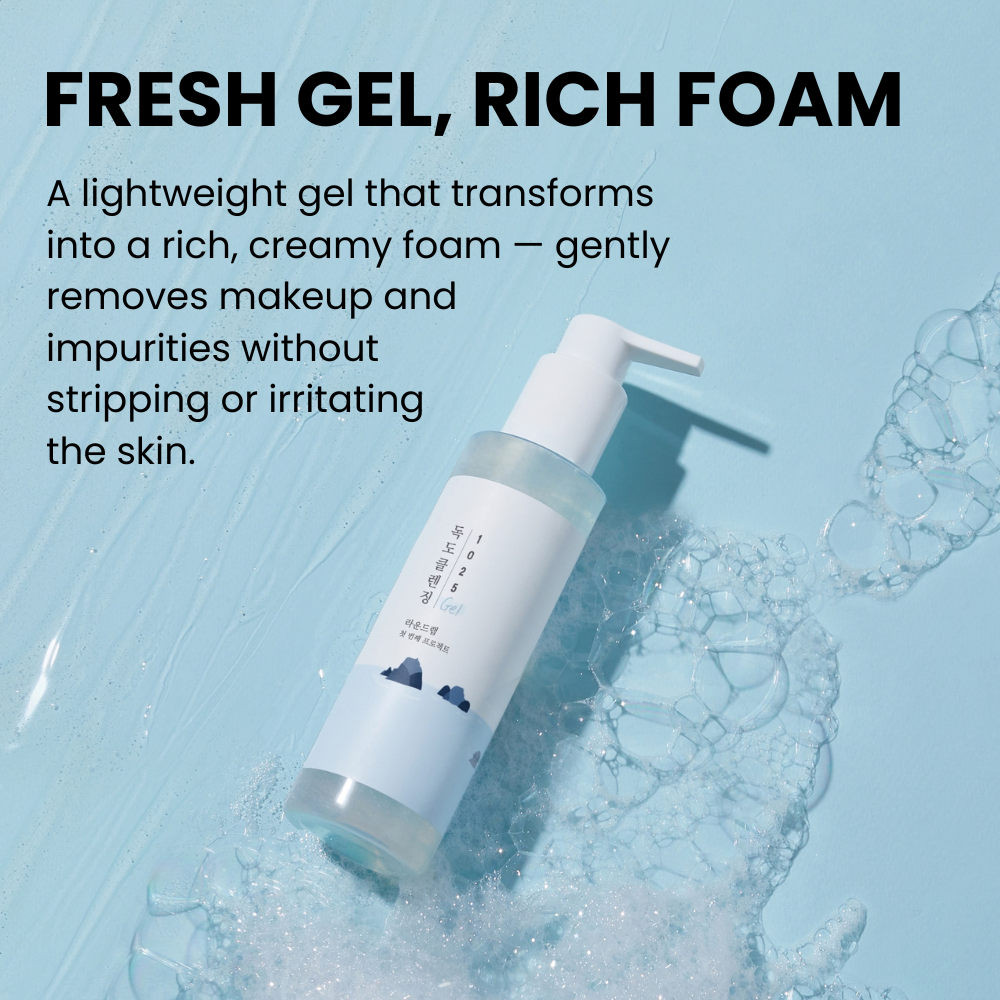 Angled view of 1025 Dokdo Cleansing Gel bottle showcasing its pump dispenser with water surrounding it