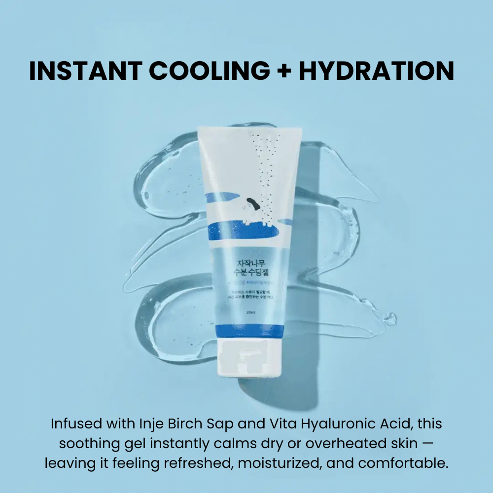 Front view of Birch Moisturizing Soothing Gel showcasing blue and white packaging with gel droplets on a reflective pale blue background