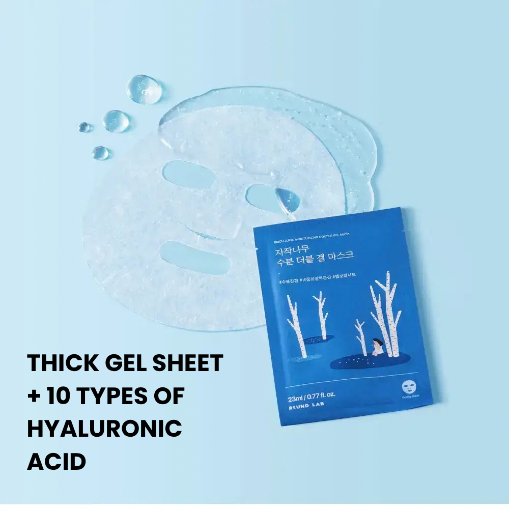 Front view of Birch Moisturizing Double Gel Mask showcasing blue boxes with water droplets and a pale blue background