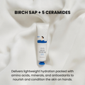Front view of Birch Moisturizing Hand Cream tube showcasing birch sap and 5 ceramides on a white background