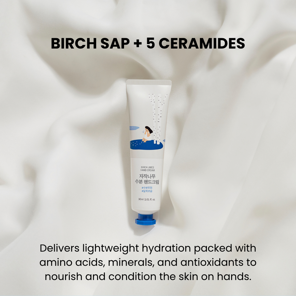 Front view of Birch Moisturizing Hand Cream tube showcasing birch sap and 5 ceramides on a white background
