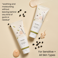 Angled view of Soybean Nourishing Cleanser with soybeans and cleanser smear, labeled For Sensitive All Skin Types
