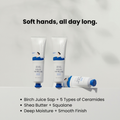Product infographic showing soft hands all day long with birch juice, five types of ceramides, shea butter, and squalane