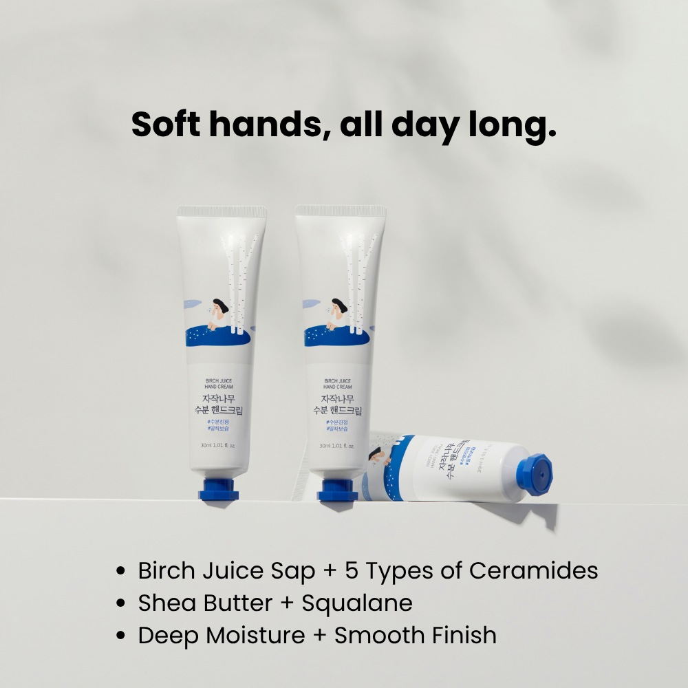 Product infographic showing soft hands all day long with birch juice, five types of ceramides, shea butter, and squalane