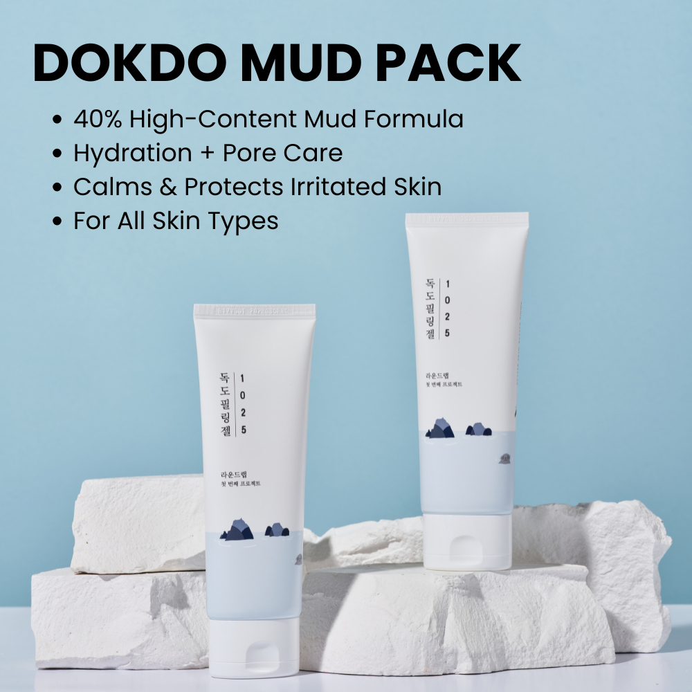 Front view of 1025 Dokdo Peeling Gel tubes showcasing white packaging with a blue background and white rocks