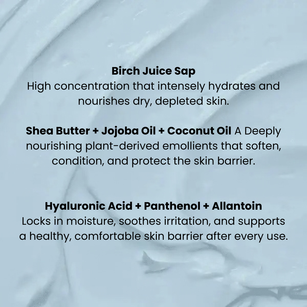 Front view of Birch Moisturizing Wash Off Mask showcasing tube packaging labeled 80 ml on a pale blue textured background