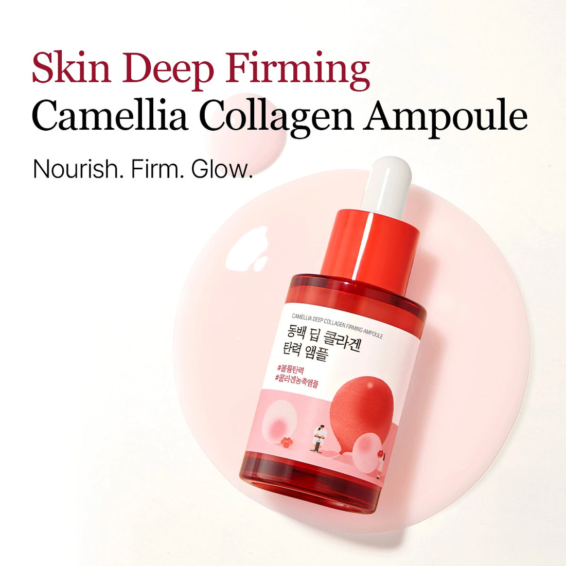 Front view of Camellia Deep Collagen Firming Ampoule bottle with red dropper cap on pink background, headline Skin Deep Firming