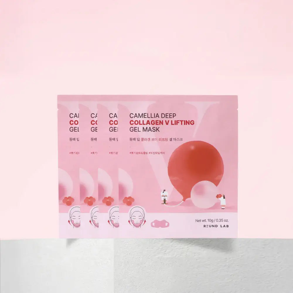 Pack of Camellia Deep Collagen V Lifting Gel Mask on a light pink background