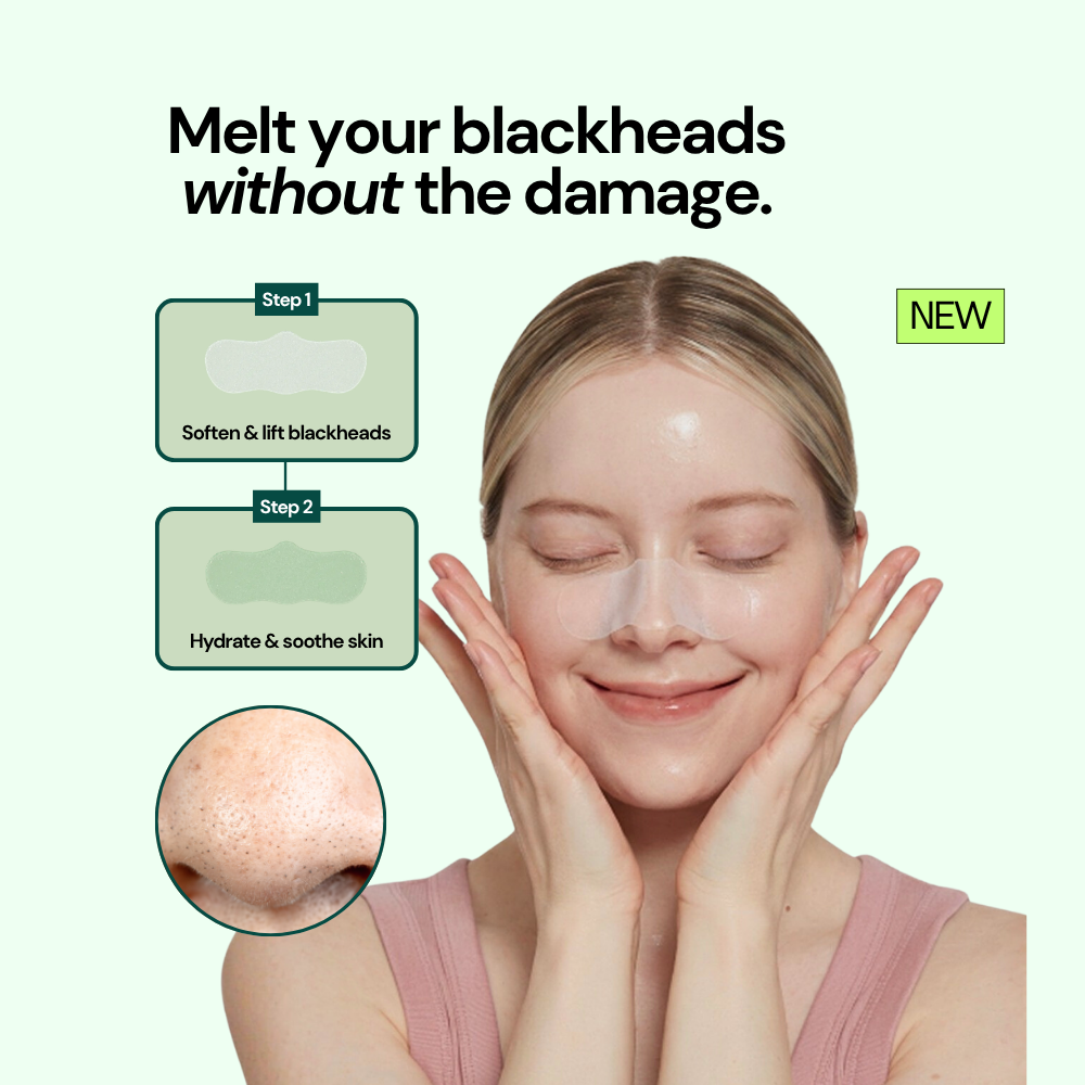 Front view of Pine Cica Calming Nose Deep Cleansing Mask Kit showcasing five two-step nose masks with a pale green background
