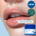 Close-up of Birch Moisturizing Lip Balm jar showcasing use as a lip mask beside glossy lips on a light background