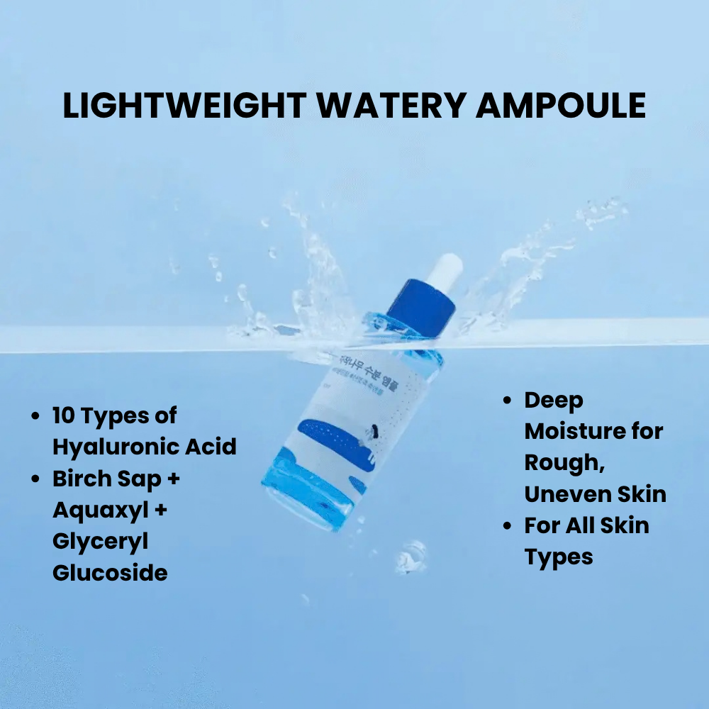 Front view of Birch Juice Moisturizing Ampoule showcasing its dropper applicator with a pale blue reflective background