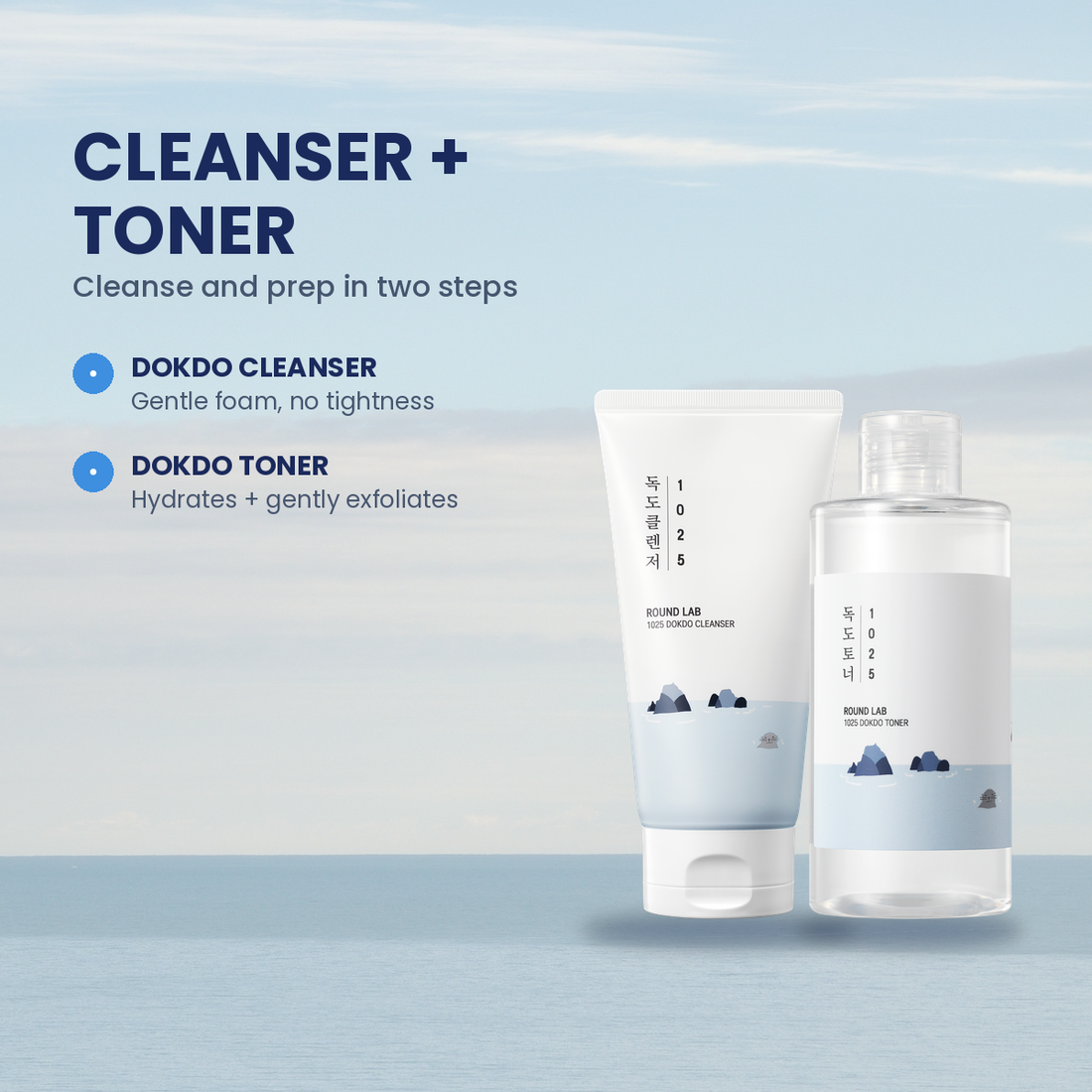 Front view of 1025 Dokdo Cleanser and Dokdo Toner 200ml set showcasing white and pale blue packaging against a light background