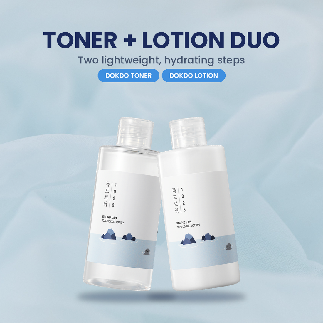 Korean skincare toner and lotion with award badges, minimalist bottles on blue background