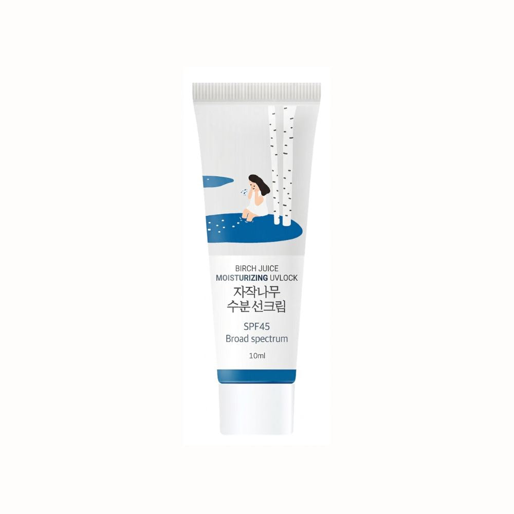 Front view of Mini Birch Sunscreen 10ml showcasing SPF45 broad spectrum protection on a white background