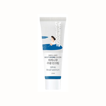 Front view of Mini Birch Sunscreen 10ml showcasing SPF45 broad spectrum protection on a white background